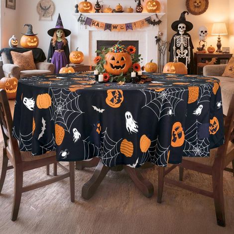 Nappe de table ronde Halloween Ø 180 cm, lavable, polyester, motif fantômes & citrouilles