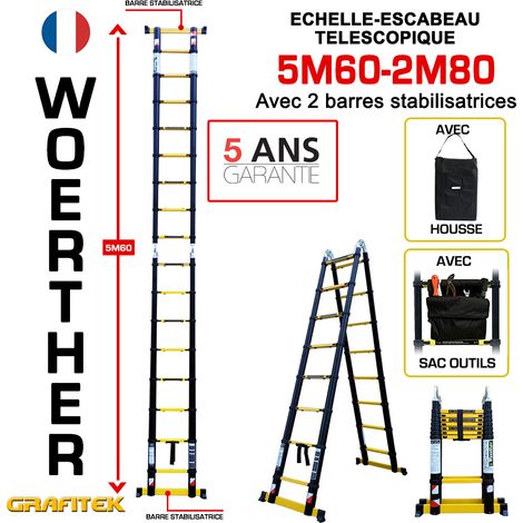 Woerther – Échelle télescopique 5m60 avec barre stabilisatrice – Charge maximale 150kg – Housse et sac porte outils inclus – Garantie 5 ans