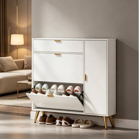 Schuhschrank 99,4/23,8/106,6 cm Weiß mit 2 Klappen und seitlichen Ablagen (1/5)