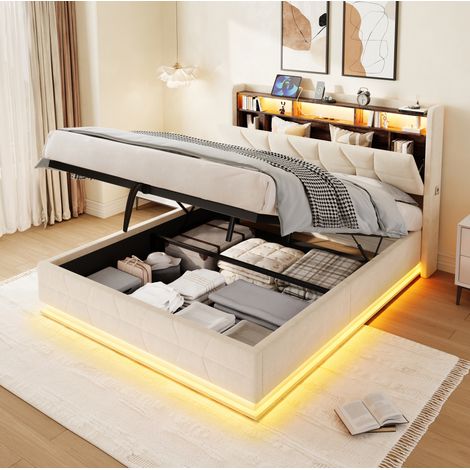 Letto contenitore adulto 140x200 cm con testiera LED portaoggetti, USB/Type-C e base idraulica, in velluto beige, materasso non incluso (1/5)