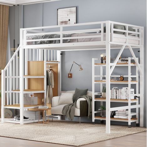Bett in Metall und MDF 90x200 cm Weiß/Natur mit Sicherheitsgeländer und Rollenregal (1/5)