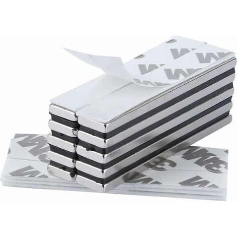 Lot de 10 aimants néodyme rectangulaires 60 x 10 x 3 mm – Adhésif 3M extra fort – Pour surfaces métalliques – Triple revêtement nickel-cuivre-nickel (1/5)