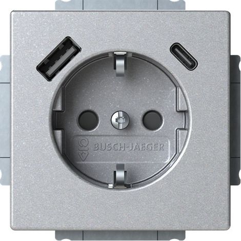 Busch-Jaeger SCHUKO® Inserto de enchufe USB Safety+ con USB A/C alusilber - Plataforma 63 (20 EUCB2USBAC-83), 2CKA002011A6304
