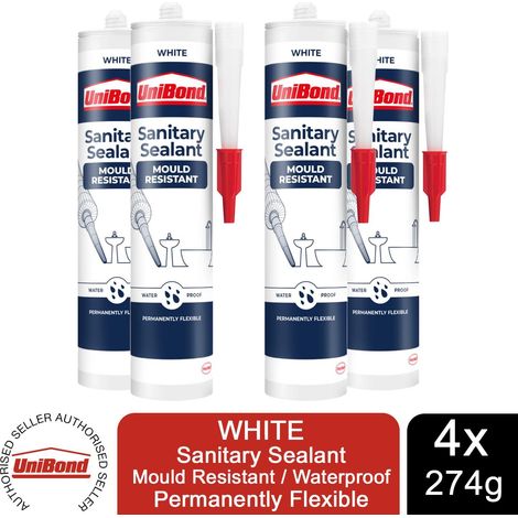 UniBond Mould Resistant Sanitary Sealant Cartridge White 274 g, 4 Pack (1/3)