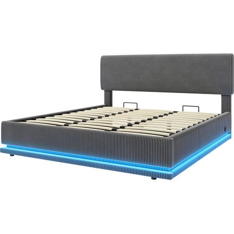 Cama tapizada 180 x 200 cm gris oscuro en pana con LED y USB-C (1/5)