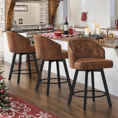 3er Set Barhocker mit Lehne, 360° drehbar, 65cm Sitzhöhe, Kunstleder braun (1/5)