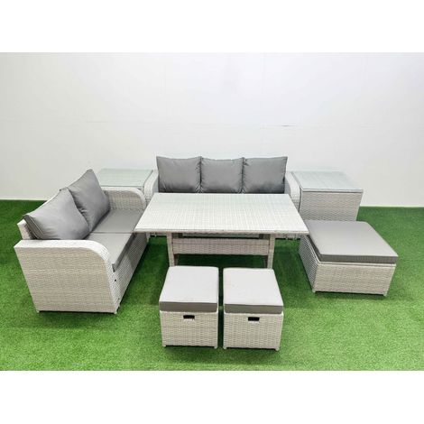 Fimous 8 Seater PE Rattan Wicker Garden Furniture Patio Conservatory Sofa Set with Rectangular Dining Table 3 Seater Sofa Love Sofa 3 Stool 2 Side Table (1/4)