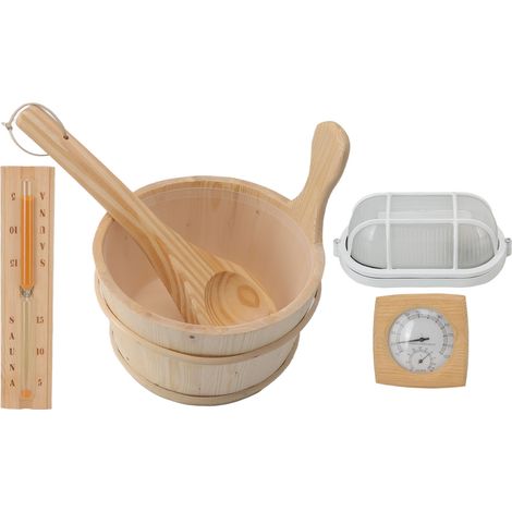 Ensemble comprenant un seau de sauna en bois de 4 litres, une cuillère de bain, un hygrothermographe, une lampe antidéflagrante et un sablier avec insert. (1/5)