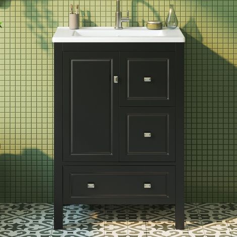Meuble vasque salle de bain sur pied Noir 62×47×90 cm vasque céramique laquée 3 tiroirs 1 porte glissières silencieuses charnières amorties (1/5)