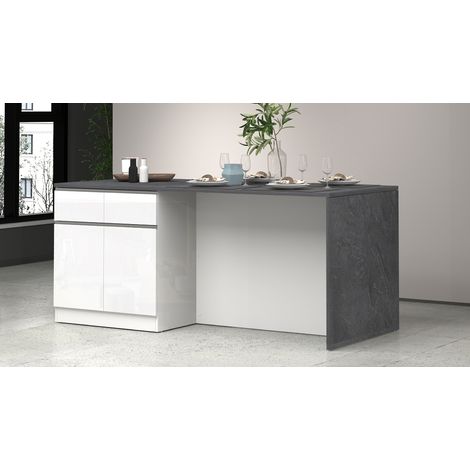 Îlot de cuisine moderne 200 cm blanc brillant/béton Solena (1/5)