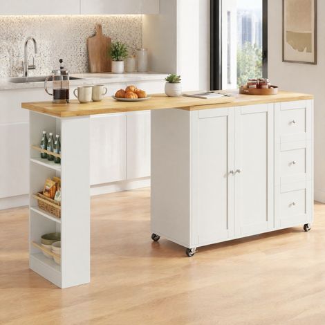 Mobile cucina mobile girevole a 360°, 203 x 39 x 106 cm, 3 cassetti, con ruote, bianco HAVRYA (1/5)