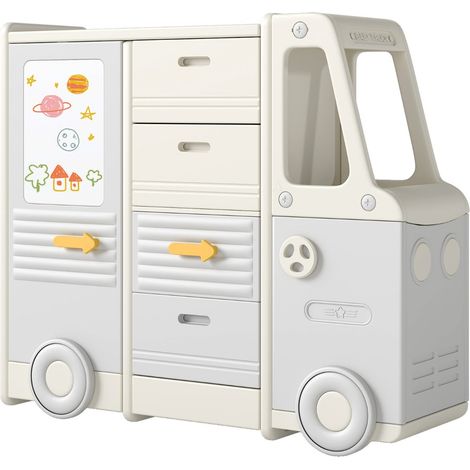 Organizador de juguetes en forma de autobús 111 x 34 x 94 cm con pizarra blanca y cajones extraíbles en HDPE gris 200012936