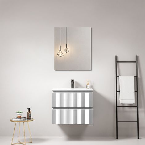 Mobile bagno sospeso cannettato 60 cm Bianco Lavabo in Ceramica Specchio Quadro - Fiji Paint