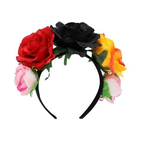 Couronne de fleurs Dia de los Muertos, bandeau floral mexicain pour femme, accessoire de tête fleuri Halloween, coiffe Frida Kahlo rose, serre-tête costume de fête, couronne de roses pour déguisement (1/5)