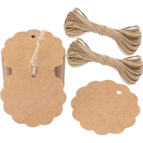 (Brown) 200 round kraft paper gift tags 6 x 6 cm with string for gifts, weddings, Christmas, birthdays, communions (1/5)