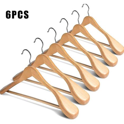 Lot de 6 cintres en bois à épaules larges avec barre antidérapante pour pantalons, manteaux, robes et costumes (jaune) (1/5)