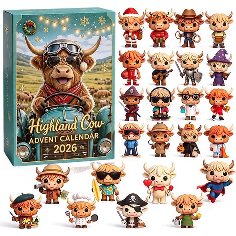 Calendrier de Noël vache Highland 24 jours avec 24 figurines miniatures à collectionner, calendrier de l’Avent et décoration pour maison (1/5)