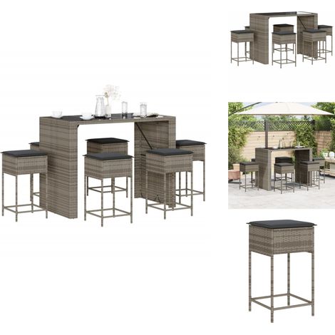 7-tlg. Gartenbar-Set mit Kissen Grau Poly Rattan - Gartenmöbel - Outdoor Möbel - Esstisch - Barhocker - Lounge Set (1/5)