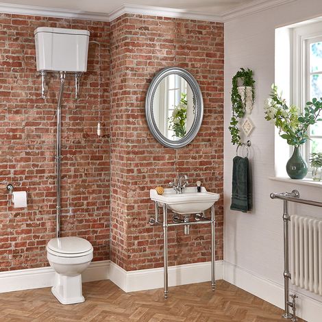 Milano Richmond White Ceramic Toilet Pan WC with High Level Cistern and Bathroom Basin Sink with Washstand - 1 Tap Hole Basin (1/5)