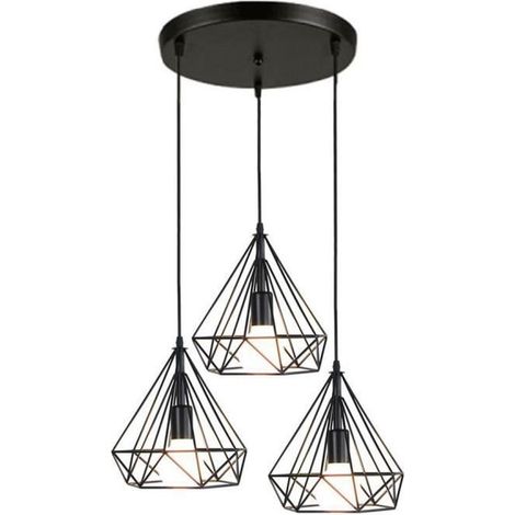 Pendelleuchte Vintage Schwarz, Hängelampe Diamant Käfig E27 Höhenverstellbar für Esstisch Küche Wohnzimmer Cafét (3 flammig)