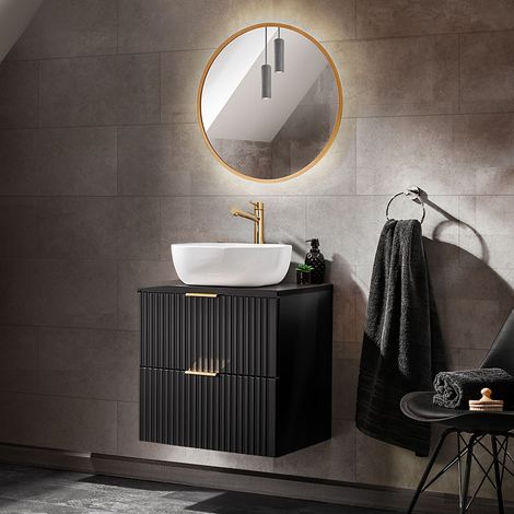 Waschplatz Set mit 61cm Waschtisch mit Aufsatzwaschbecken und rundem Spiegel, matt schwarz gerillt, ADELAIDE-56-BLACK, B/H/T ca. 60,6/200/46,5 cm (1/5)