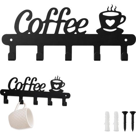 Porte Tasse Métal - 1 Pièce - Noir - 5 Crochets - Rangement Mural Cuisine - 27,5x10,5cm (1/5)