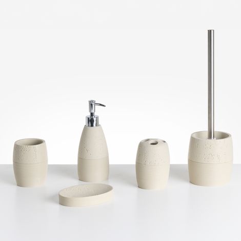Conjunto de 5 accesorios de baño jabonera dispensador de jabón escobilla de inodoro vaso soporte para cepillos de dientes beige claro Yarapa (1/5)