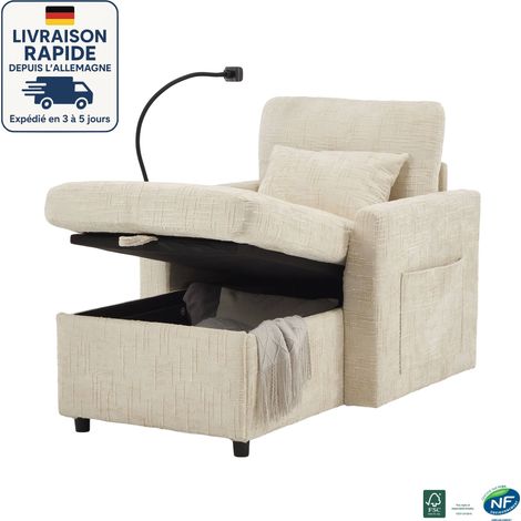 MODFU - Divano relax con contenitore, 1 cuscino, 2 tasche laterali, con porta telefono, soggiorno/camera da letto, tessuto ciniglia, beige
