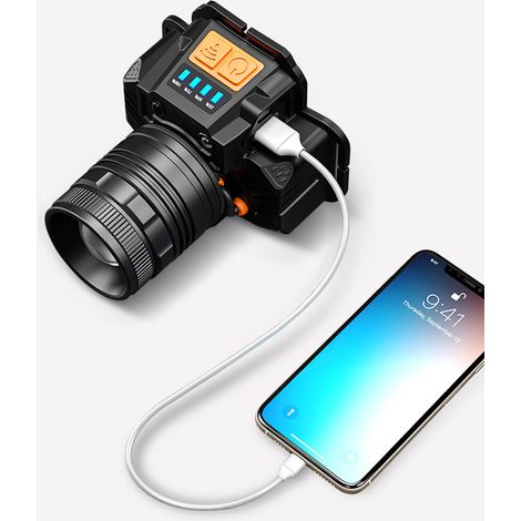 LED-Stirnlampe, starker Lichtstrahl, USB-aufladbar, ultrahell, sensoraktiviert, Outdoor-Nachtangel-/Bergbaulampe, weißes Licht, T8-Lampenkern. (1/5)