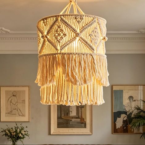 Makramee-Lampenschirm – 1 Stück – Cremeweiße, geflochtene Baumwolle – Dekorative Hängelampe im Boho-Stil – Wohnzimmer, Schlafzimmer, Büro – 45 x 30 cm (1/5)