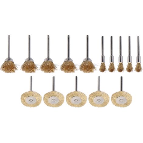 15 rotierende Metallbürsten aus Messing für Rotationswerkzeuge, T-förmig, Stift- und Schalenform, Schleif- und Polierset (1/5)