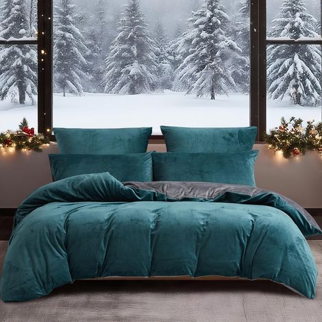 Housse de Couette Flanelle 140x200 Hiver Chaude Pétrole Gris Polaire Parure de Lit Flanelle Doux Douillet Duveteux Linge de Lit 1 Personne avec Fermeture Éclair et Taie d'oreiller 65x65 cm (1/2)