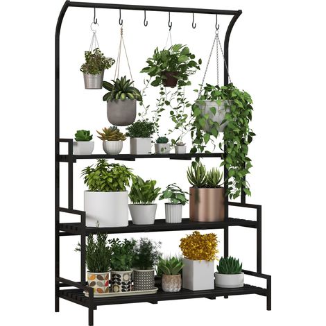 JSSEVN - Porte-plantes en Métal, 3 Niveaux avec 6 Crochets, Idéal pour Intérieur et Extérieur - Noir (1/5)
