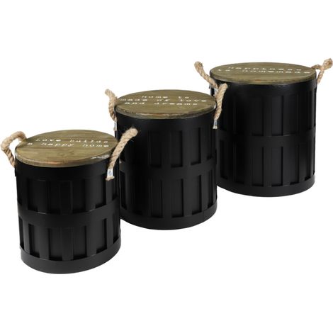 Set de 3 tables basses en métal et corde "Loft & Métal" - Noir - H 38/34/28 x D 36/31/26 cm - Livraison gratuite