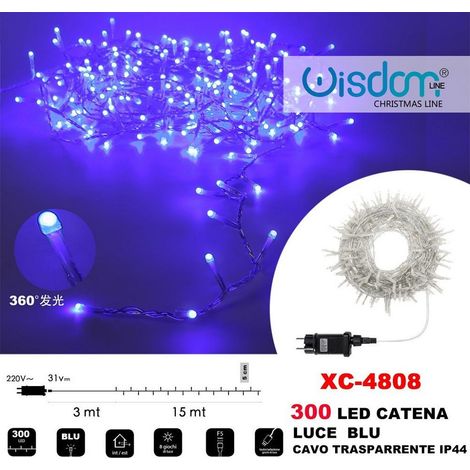 Wisdom - Catena Luminosa 300 Luci Led Lucciole Luce Blu Cavo Trasparente Ip44 Xc-4808 -