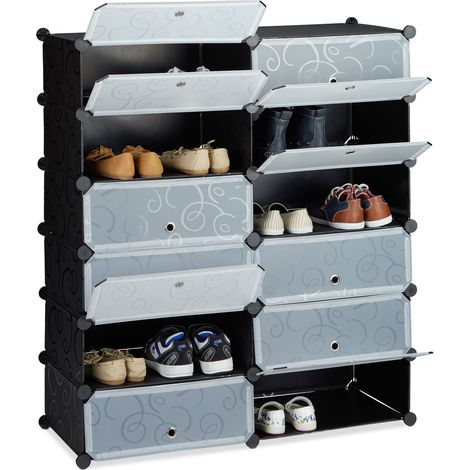 Relaxdays Schuhschrank Kunststoff, Schuhregal geschlossen, Regalsystem 12 Fächer, H x B x T: 108 x 94 x 37 cm, schwarz