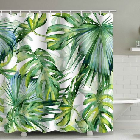 Rideau de Douche Jungle Tropical Paume Plant Rideaux de Douche Originaux Anti Moisissure Vert Tissu avec 12 Crochets (90cm ×180cm)