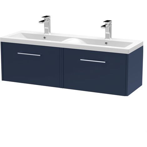 Winshill Contemporary 2 Drawer Wall Hung Vanity Unit with Double Basin, Dark Blue, 1200mm (1/4)
