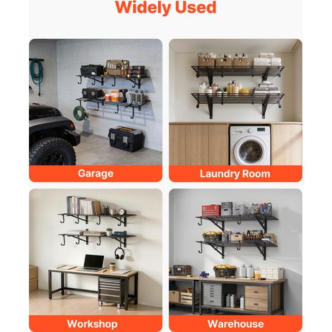 VEVOR 2-Tier Heavy Duty Wall Garage Shelving, 61 x 122 cm Steel Wall Mounted Shelving Unit with Hooks, 610 x 1219 mm Per Shelf Floating Storage Metal Rack with 235 kg Total Weight Capacity, Black (1/4)
