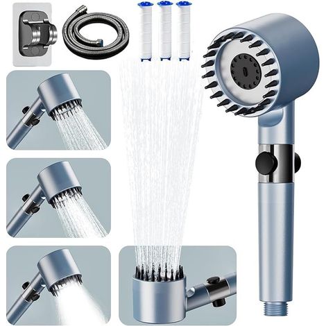Pommeau de Duche Haute Pression, Pommeau de Douche Anti Calcaire avec 4 Modes de Jet,Pomme Duche Economie Deau avec Tuyau Douche 1.5M et Support, Salle de Bain Réglable Bouton D'arrêt D'eau,Bleu (1/5)