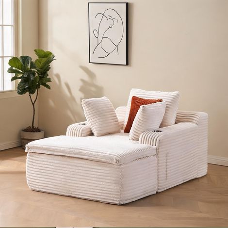Canapé d'angle tissu velours côtelé beige avec méridienne (1/5)