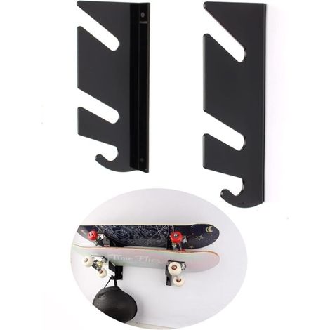 2pcs Support mural pour skateboard - Double étagère murale - Avec crochets de rangement - Pour longboard, snowboard, skateboard (1/4)