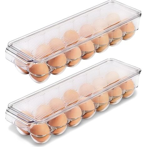Boîte de rangement pour œufs au réfrigérateur, plateau de 14 œufs avec couvercle et poignée, transparent, lot de 2[NX] (1/5)