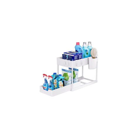 1 Mueble de almacenamiento para debajo del fregadero de la cocina, estante de 2 niveles con cajón deslizante, almacenamiento versátil para debajo del lavabo del baño, blanco - Crezuo