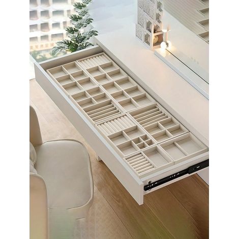 4 pièces - Boîte de rangement pour bijoux beige, organisateur élégant et empilable en plateau à bijoux en velours, portable pour bagues, boucles d'oreilles et colliers, 3 + 6 + 18 emplacements (1/5)