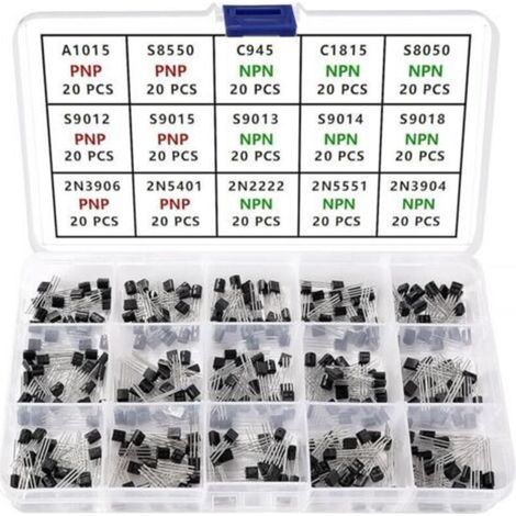 300 Pieces 15 Values S9012 2N2222 2N5401 2N3906 C945 S8550 C1815 A1015 S9013 S8050 S9015 S9014 2N5551 2N3904 S9018 NPN PNP Power Transistor Assortment (1/5)