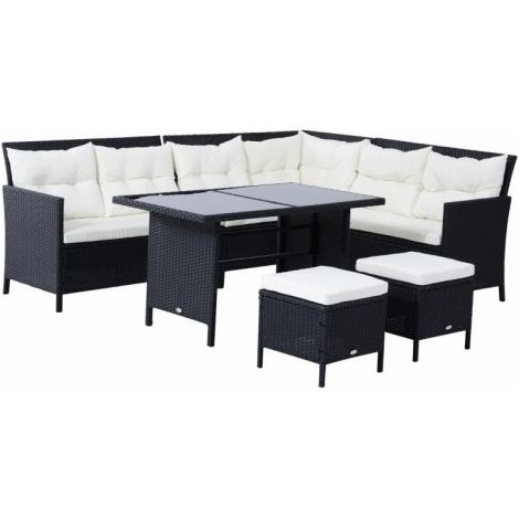 8-Seater Garden Rattan Furniture Rattan Corner Dining Sofa Set Wicker Conservatory Furniture Lawn Patio Coffee Table Foot Stool w/Cushion-Black
