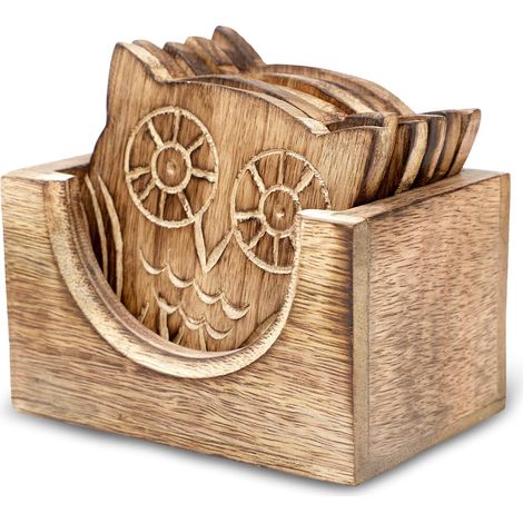 Ensemble de 6 sous-verres en bois faits à la main avec support pour café, thé, tasses et verres à vin. (1/5)