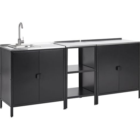 Ensemble de Cuisine en Acier Inoxydable 2 Armoires et 1 Ilot et Evier à Levier Unique Noir Vilama (1/5)