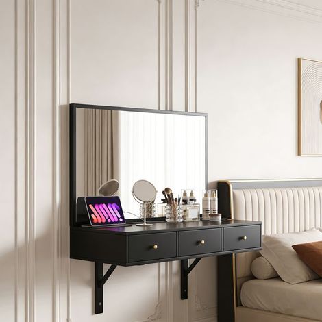 POCKETPOP Frisiertisch mit Spiegel, wandmontiert, 3 Schubladen und Steckdosen, Becherhalter, 100×105×45 cm, schwarz